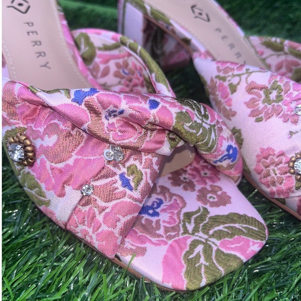 Katy Perry Pink Floral Square Toe Heeled Mules Women's Size 7M Brunch Wedding - Picture 11 of 13
